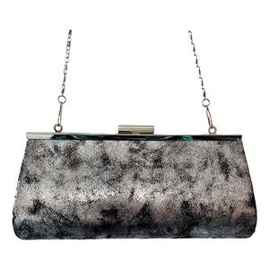 Faux leather silver & black evening clutch handbag with removable silver chain